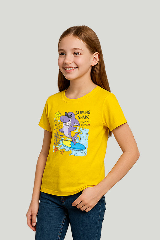 Surfing Shark Graphic Kids Tee - Yellow