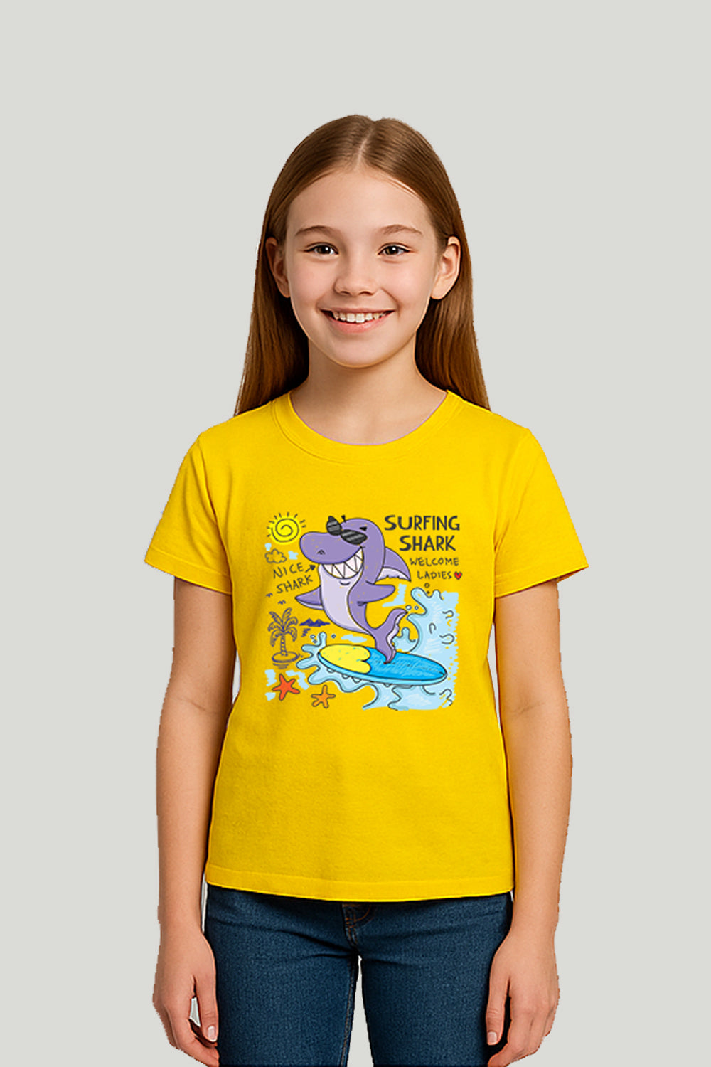 Surfing Shark Graphic Kids Tee - Yellow