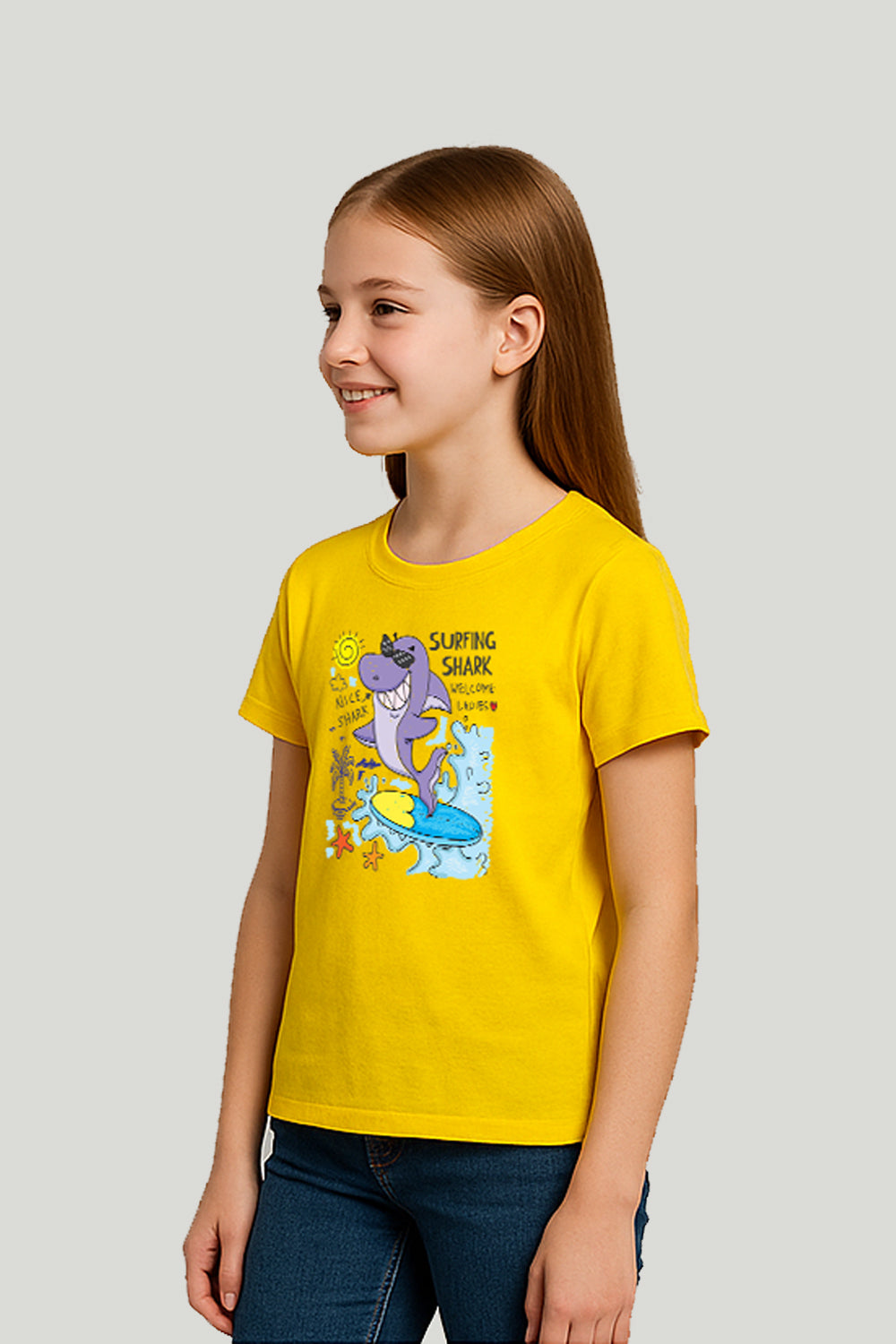 Surfing Shark Graphic Kids Tee - Yellow