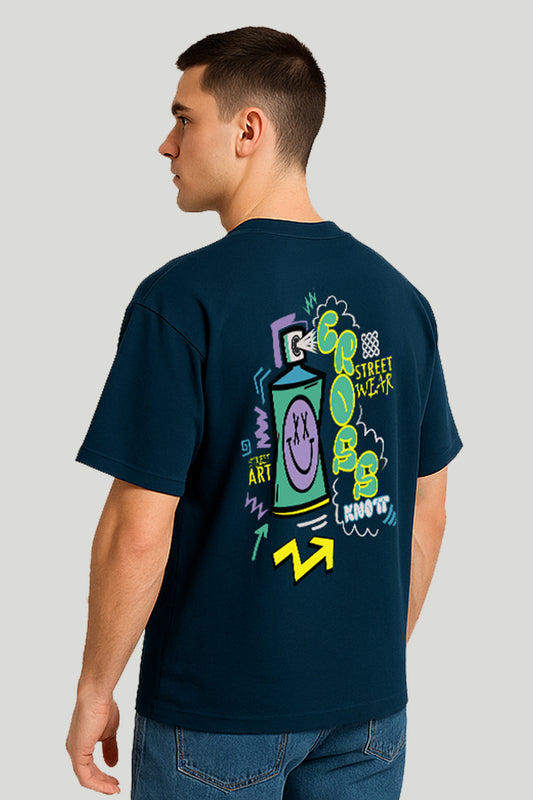 Graffiti Style Cross Knott Design Drop Shoulder - Petroleum Blue